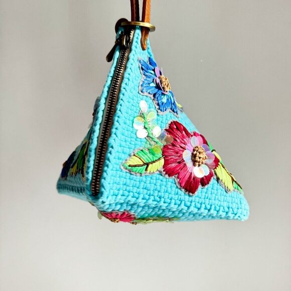 RIIR Blue Woven Floral Embroidered Unique Triangular Wristlet Bag - Picture 3 of 8